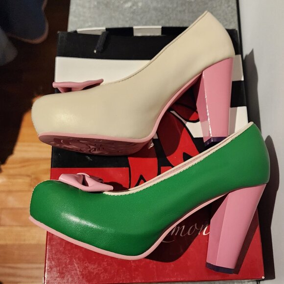 Lola Ramona Green and Off-White Leather Heels with Pink Bow Angie P - Picture 4 of 13